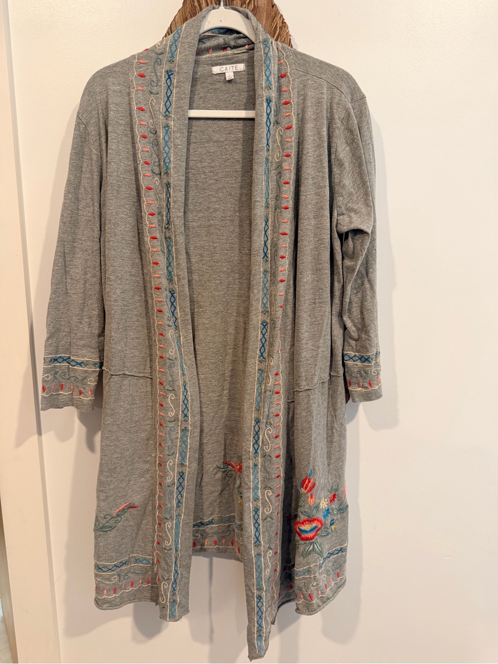 Caite Gray Open-Front Embroidered Cardigan